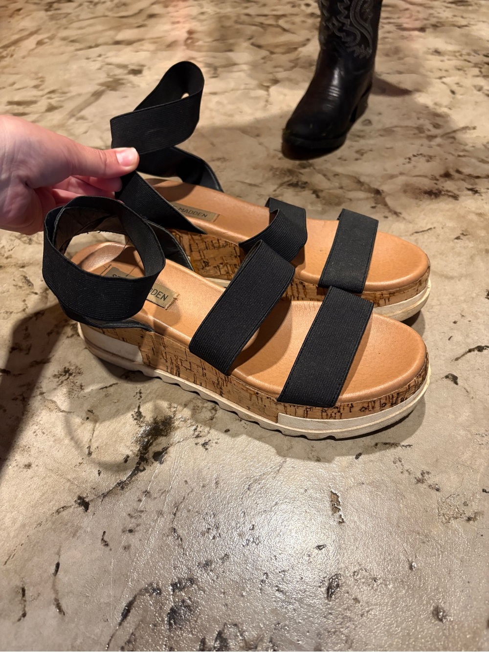 Steve Madden Black Elastic Strap Cork-Effect Platform Sandals